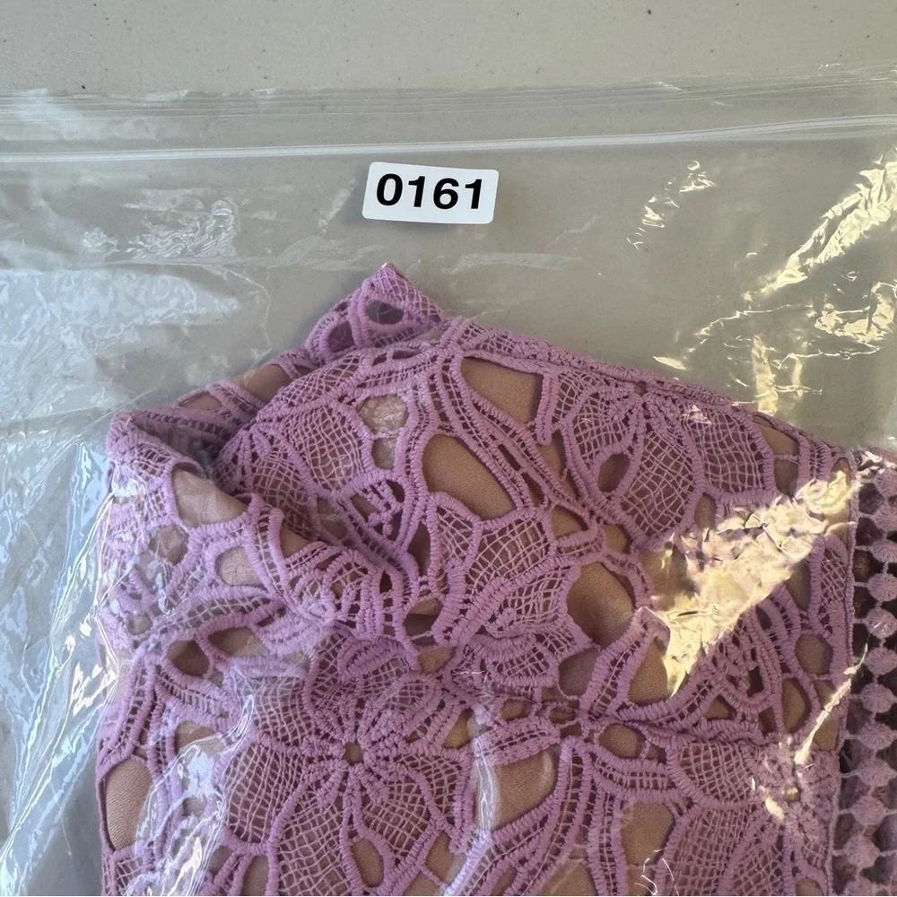 Adelyn Rae Sleeveless Floral Crochet Overlay Nude Lining Lavender Lace Romper XS - Picture 12 of 14